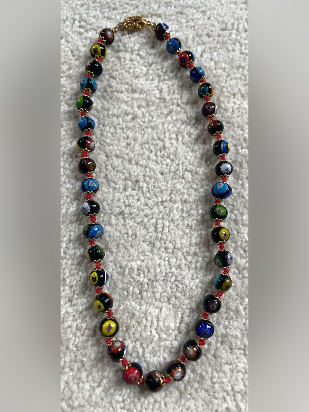 Murano Glass Millefiori Bead Necklace, Italian Carnival Venetian Art-Glass